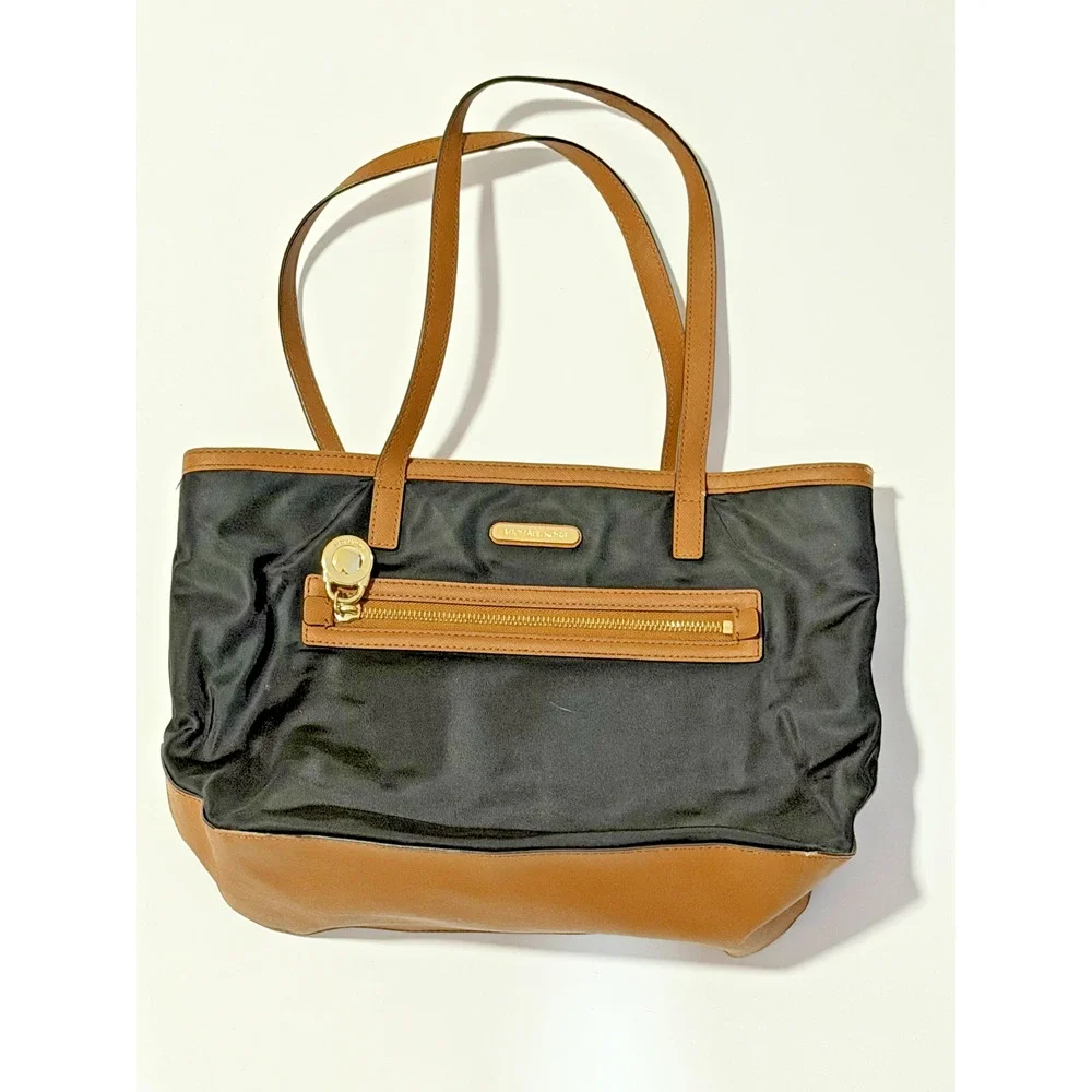 Michael Kors Nylon Tote Bag Black Tan Leather Trim Gold Hardware